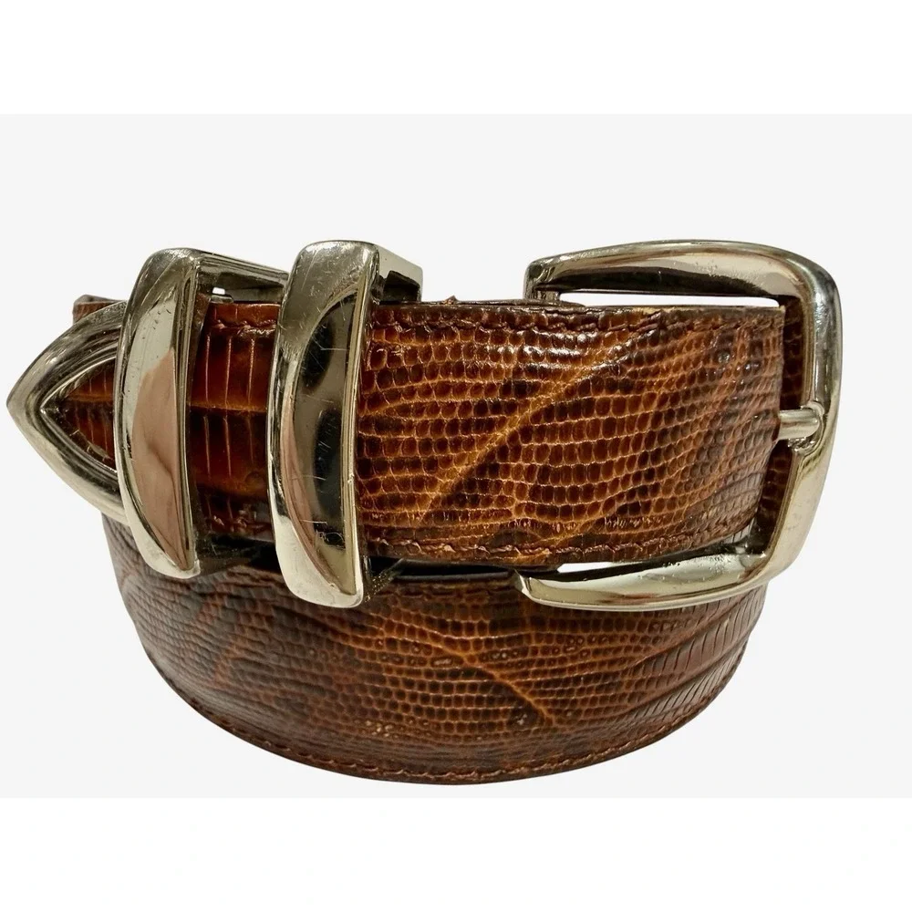 Footjoy Brown Lizard Embossed Leather Golf Belt Sz 42 Stainless Steel Hardware